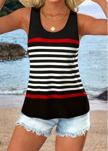 women clothes image of Black Curved Hem Striped Sleeveless Round Neck Tank Top