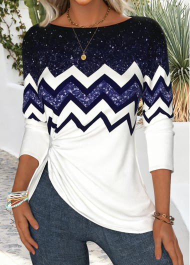 women clothes image of Dark Purple Shirred Chevron Print Long Sleeve T Shirt