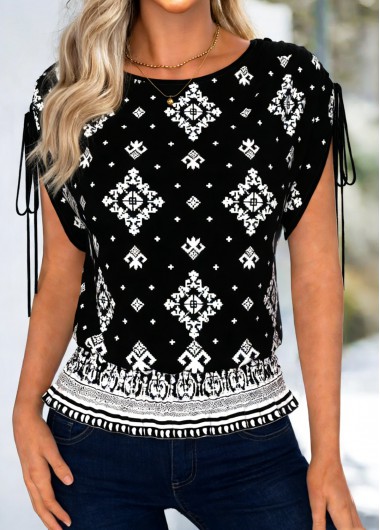 women clothes image of Black Ruffle Tribal Print Short Sleeve Round Neck Blouse