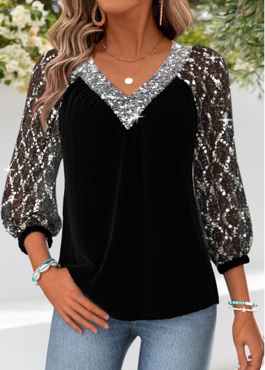 women clothes image of Black Curved Hem Long Sleeve V Neck Blouse