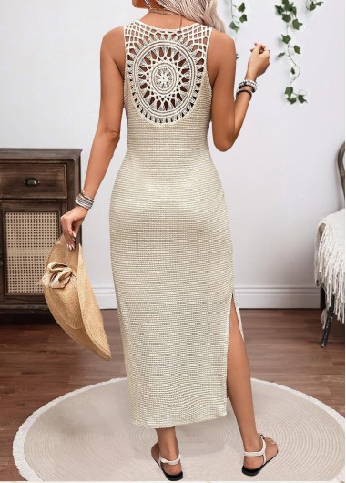 women clothes image of Beige Tummy Coverage Sleeveless Round Neck Dress