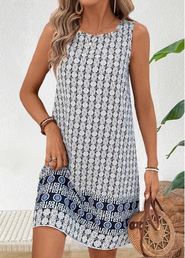 women clothes image of Multi Color Tummy Coverage Geometric Print Short Sleeveless Dress