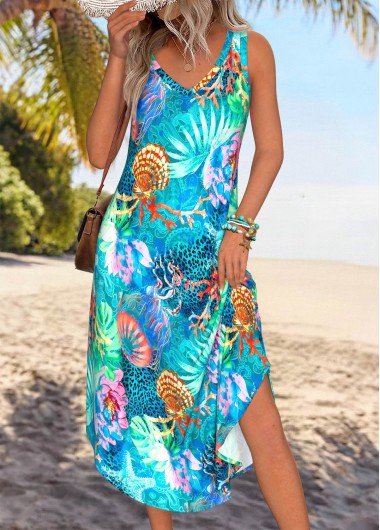women clothes image of Multi Color Tummy Coverage Marine Life Print Sleeveless Dress