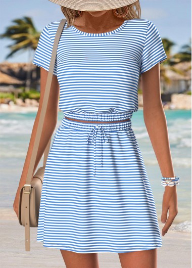 women clothes image of Light Blue Tummy Coverage Striped Short Top and Skirt