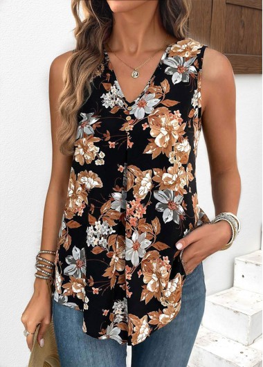 women clothes image of Multi Color Tummy Coverage Floral Print Sleeveless Tank Top