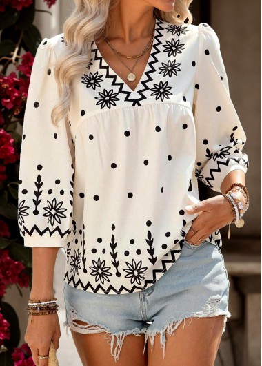 women clothes image of Beige Tummy Coverage Tribal Print 3/4 Sleeve Blouse