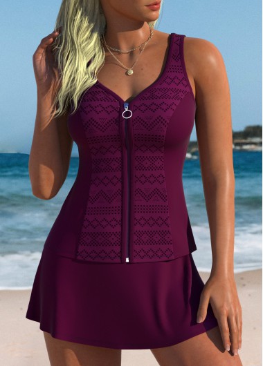 women clothes image of Tummy Coverage Mid Waisted Dark Reddish Purple Tankini Set
