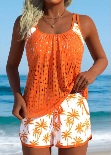 women clothes image of Layered Mid Waisted Tropical Plants Print Orange Tankini Set