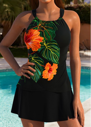 women clothes image of Wrap Mid Waisted Floral Print Black Tankini Set