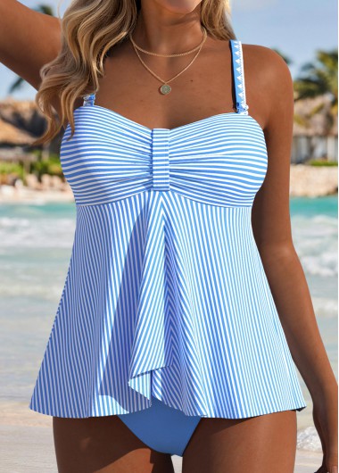 women clothes image of Tummy Coverage Mid Waisted Striped Blue Tankini Set