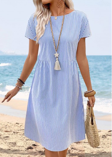 women clothes image of Blue Tummy Coverage Striped Short Sleeve Round Neck Dress