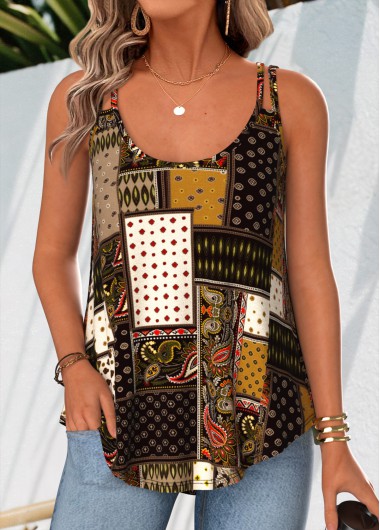 women clothes image of Multi Color Tummy Coverage Tribal Print Strappy Tank Top