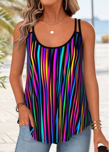 women clothes image of Multi Color Tummy Coverage Striped Strappy Tank Top