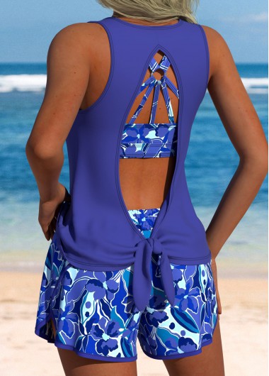 women clothes image of Tummy Coverage Mid Waisted Tropical Plants Print Tankini Set