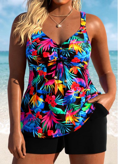 women clothes image of Pocket Mid Waisted Floral Print Multi Color Tankini Set