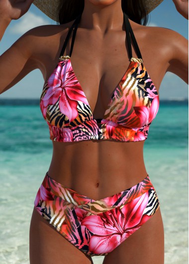 women clothes image of Mid Waisted Tropical Plants Print Hot Pink Bikini Set