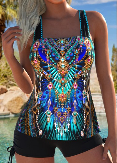 women clothes image of Tummy Coverage Mid Waisted Tribal Print Black Tankini Set