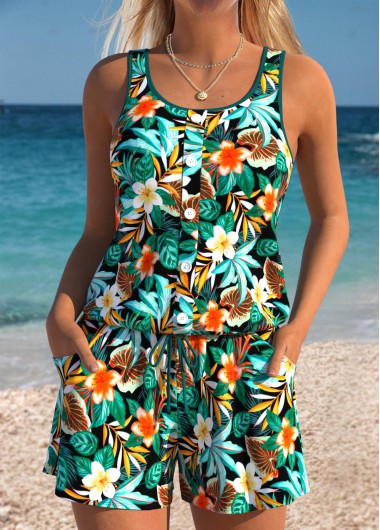 women clothes image of Tummy Coverage Floral Print Turquoise One Piece Swimwear