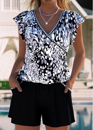 women clothes image of Tummy Coverage Graffiti Print Black One Piece Swimwear