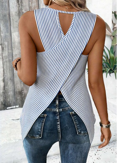 women clothes image of Blue Tummy Coverage Striped Sleeveless Round Neck Tank Top