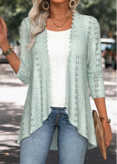 women clothes image of Sage Green Lace Trim Long Sleeve Lightweight Cardigan