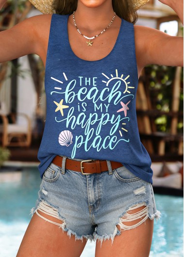 women clothes image of Blue Curved Hem Letter Print Sleeveless Tank Top