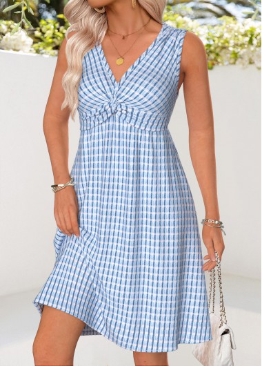 women clothes image of Light Blue Tummy Coverage Plaid Short Sleeveless Dress