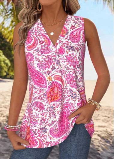 women clothes image of Pink Tummy Coverage Paisley Print Sleeveless Tank Top