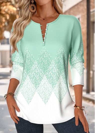 women clothes image of Mint Green Tuck Stitch Geometric Print Long Sleeve Blouse