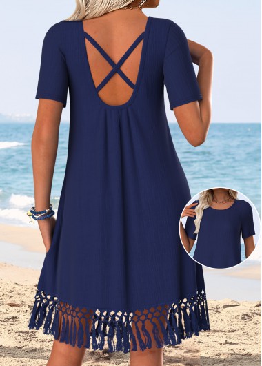 women clothes image of Royal Blue Tummy Coverage Short Sleeve Round Neck Dress