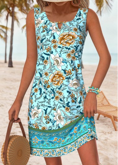 women clothes image of Cyan Cut Out Tribal Print Short Sleeveless Dress