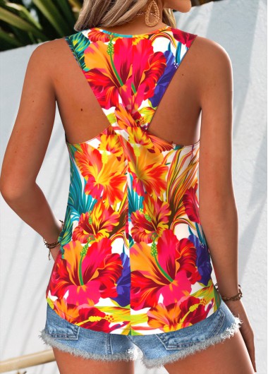women clothes image of Multi Color Tropical Plants Print Sleeveless Tank Top