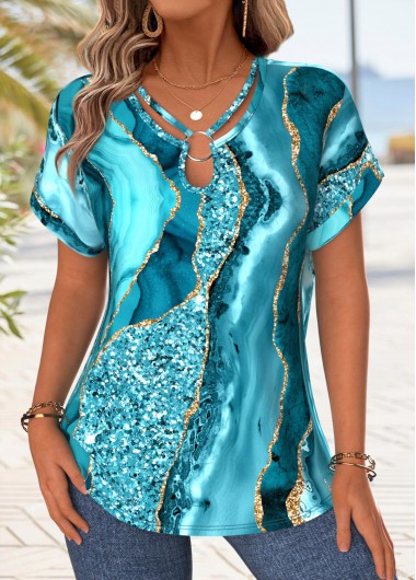 women clothes image of Cyan Tummy Coverage Ombre Short Sleeve V Neck Blouse