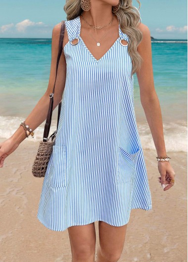 women clothes image of Light Blue Tummy Coverage Striped Short Sleeveless Dress