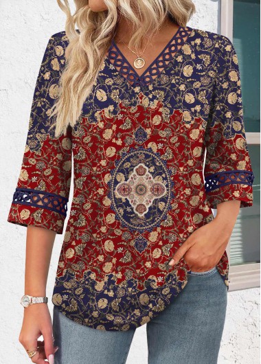 women clothes image of Multi Color Tummy Coverage Tribal Print 3/4 Sleeve Blouse