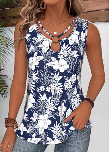 women clothes image of Navy Tummy Coverage Floral Print Sleeveless Tank Top