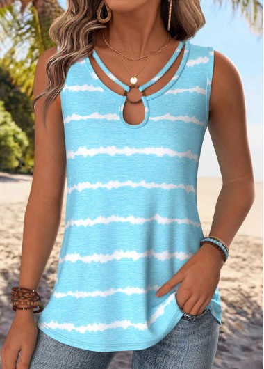 women clothes image of Blue Tummy Coverage Striped Sleeveless Round Neck Tank Top