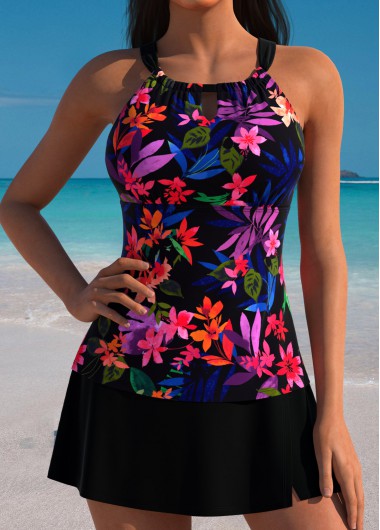women clothes image of Thigh Slimmer Mid Waisted Tropical Plants Print Tankini Set