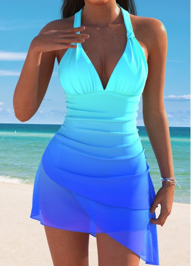 women clothes image of Thigh Slimmer Mid Waisted Ombre Cyan Tankini Set