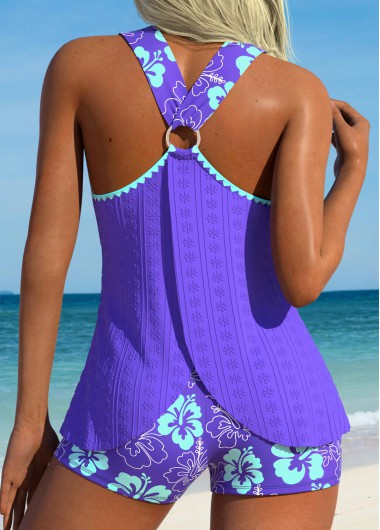 women clothes image of Circular Ring Mid Waisted Floral Print Purple Tankini Set