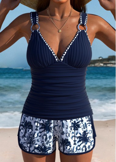 women clothes image of Tummy Coverage Navy Tropical Plants Print Tankini Set
