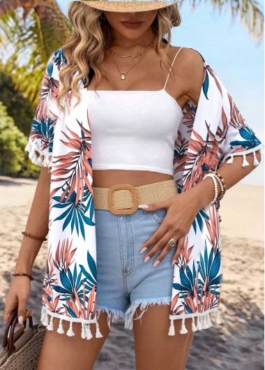 women clothes image of Multi Color Tummy Coverage Tropical Plants Print Light Cardigan