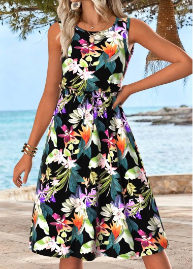 women clothes image of Multi Color Tummy Coverage Floral Print Sleeveless Dress