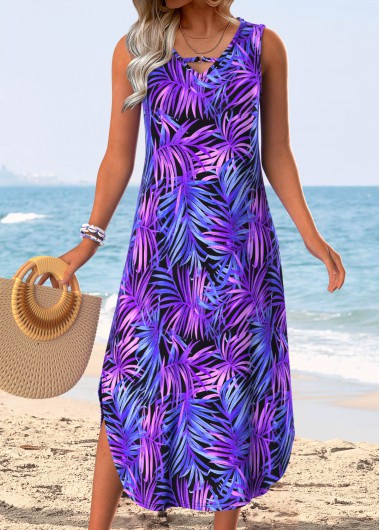 women clothes image of Purple Tummy Coverage Leaf Print Sleeveless V Neck Dress
