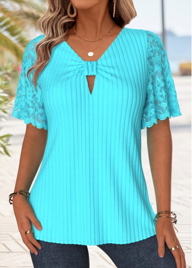 women clothes image of Blue Tummy Coverage Short Sleeve V Neck T Shirt