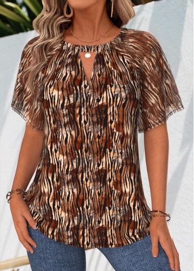 women clothes image of Dark Coffee Tummy Coverage Striped Short Sleeve Blouse