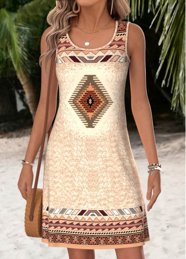 women clothes image of Light Camel Tummy Coverage Tribal Print Short Sleeveless Dress