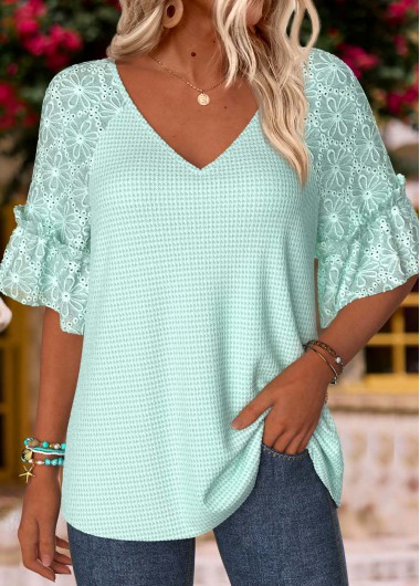 women clothes image of Green Patchwork Half Sleeve V Neck T Shirt