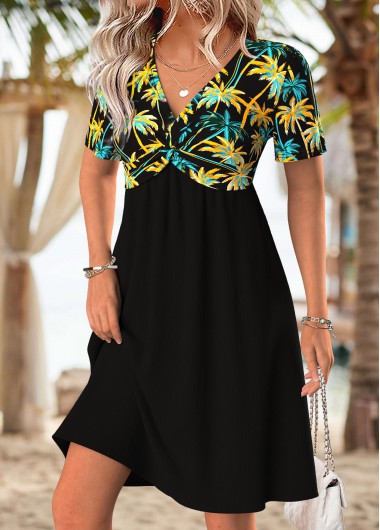women clothes image of Black Tummy Coverage Tropical Plants Print Short Dress