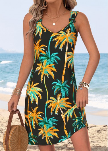 women clothes image of Black Tummy Coverage Tropical Plants Print Short Sleeveless Dress